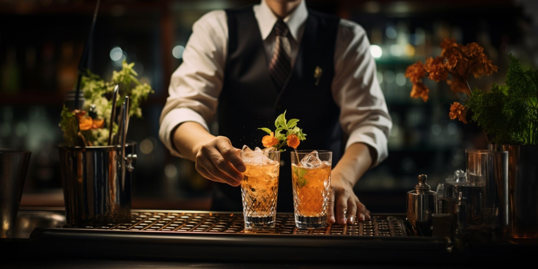 Bartender placing two garnished cocktails on a bar counter with plants and utensils around.